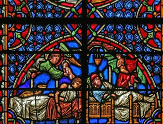 Fönster w4 som visar liknelsen om dyk och Lazarus - deras död