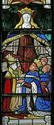 Fönster w4 som visar Jungfru Maria som beskyddare, påven Paulus II och kung Ludvig XI