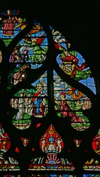 Fönster w6 som visar en scen från Maria Magdalenas liv - helgonens sista nattvard