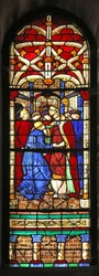 Fönster w7 som visar en scen ur St Augustinus liv: han utses till professor i Milano och besöker Ambroise