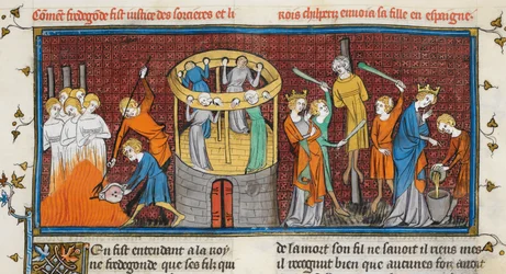 Brända häxor, från Les Grandes chroniques de France, MS Royal 16 G VI f. 64