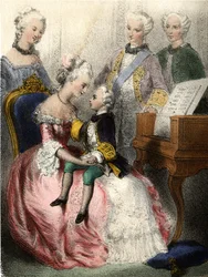 Wolfgang Amadeus Mozart (1756-1791) i armarna på den österrikiska imponen Marie-Therese (marie therese) - i "" De berömda barnen - historiska berättelser"" av Madame Eugenie Foa