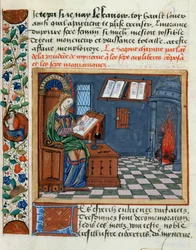 Kvinna som belyser boken om de försiktiga och oförsiktiga av Catherine dAmboise, 1509