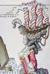 Kvinna i en dagsklänning med frisyr a la Belle Poule, period av amerikansk självständighet, 1779-80