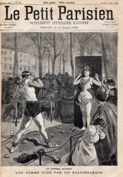Kvinna dödades av en olycka under en show av saltibank på gatan, Place des Quinconces i Bordeaux. En av tidningarna "Le petit Parisien"" den 5/03/1893 (gravyr)