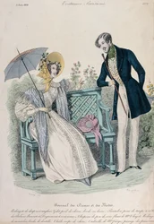Kvinna med paraply och man i frack i en trädgård, modetallrik från Journal des Dames et des Modes, 5 juni, 1836