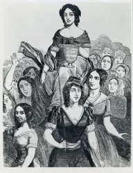 Kvinnor som bär Jeanne Deroin (1805-94) i Triumph, från Les Femmes Celebres, volym I, Paris, Mazenod, 1848