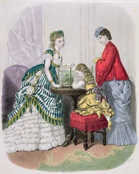 Kvinnor och ett barn tittar på ett akvarium, från La Mode Illustrée, ca 1870