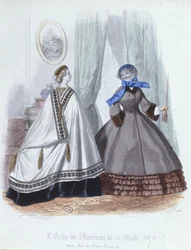 Kvinnor i cape och kappa, modetallrik från LEcho du Moniteur de la Mode, 1856-7
