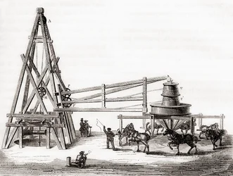 Arbetare som använde karusellen och vinschen för att borra de artesiska brunnarna i Grenelle, Frankrike på 1800-talet, från 
