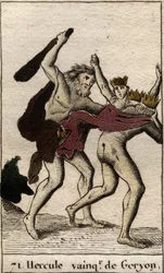 Verk av Hercules: ""Hercule triumphant du geant aux trois corps Geryon"" (Herakles arbete, Hercules dödar monstret Geryon) Från ""Mythologie de la jeunesse"" av Pierre Blanchard 1803.