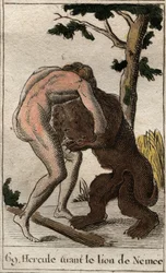 Works of Hercules: "" Hercules killing the lion of Nemee"" (Herakles första arbete, Hercules som dödar det Nemeiska lejonet) Från "" Mythology of Youth "" av Pierre Blanchard 1803.