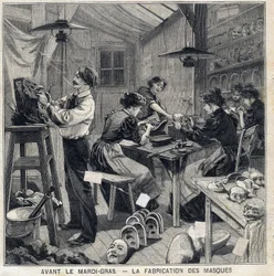 Workshop för att tillverka masker för förklädnader av Mardi Gras-festivalen (Mardi-Gras). I "" Le Petit Parisien"" den 14/02/1897