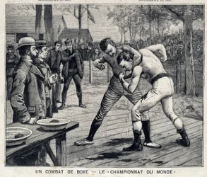 Världsmästerskap: boxningskamp mellan Jim Corbett och Bob Fitzsimmons i Carson, Nevada, USA: I "" The Little Parisien"" den 11/04/1897. Privat samling
