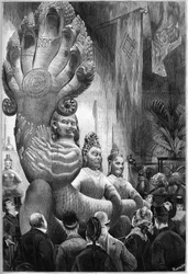 Världsutställning 1878 i Paris: statyer av de kambodjanska jättarna och polycefalormen, rapporterade från Kambodja av Delaporte-missionen, utställda i Trocadero Retrospective Gallery. Gravyr i "" Le Monde Illustré"" nr 1127 den 1 november