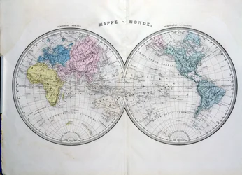 Världskarta, illustration från Atlas Geographic Moderne av Prosper-Auguste Poulain de Bossay, ca 1850