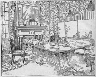 Författaren Alexandra Dumas Jr. (1824-1895) i sitt arbetsskåp. Gravyr i "La gazette du dimanche"" av den 12 december 1895.