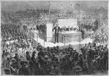 Författaren Ernest Legouve (1807-1903) leder ett "patriotiskt möte" som organiserats för att samla in pengar för att lösa in de franska departement som ockuperats av Tyskland sedan slutet av kriget 1870. Paris, cirkus på Champs Elysees, 25 februari
