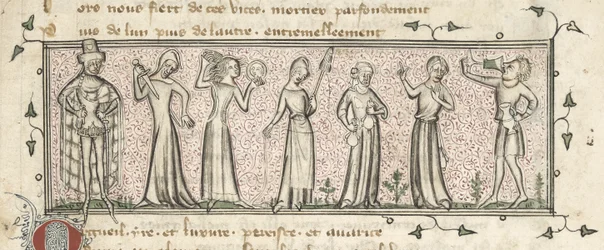 Yates Thompson 21, f. 165, Seven Deadly Sins, ca 1380 (vellum)