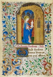 Yates Thompson 3, fol.289v Miniatyr av St. Barbara under en gyllene båge, bärande en palm och hennes torn, med en hel lövbladskant, i början av hennes rösträtt, från 