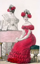Ung kvinna i en crepe aftonklänning med en utarbetad huvudbonad, annons i Modes de Paris, ca 1825