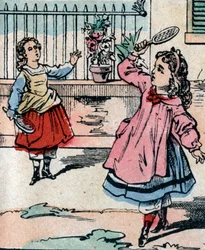 Unga flickor som spelar fjäderboll, ett tidigt spel liknande badminton - Épinal-bild - 1800-talet