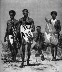 Zulu krigare. Gravyr i "" The Illustrious World"" n1146 av 15 mars 1879.