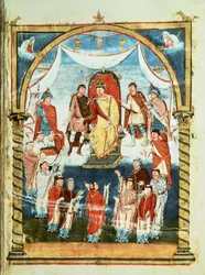 ds Lat 1 fol.423r Kung Karl II tar emot en bibel från greve Vivian och munkarna av Saint-Martin de Tours, från den första bibeln av Karl den skallige, c.843-51