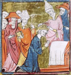 Fol. 106r: Kröningen av kejsar Karl den store (742-814) av påve Leo III (ca 750-816) i Peterskyrkan i Rom år 800, Grandes Chroniques de France, 1375-79