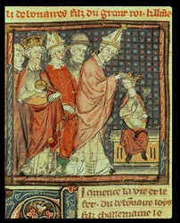 Fol. 142r: Kröningen av Ludvig I den fromme (778-840), tysk-romersk kejsare, av påve Stefan IV (påve 816-817) i Reims år 816, ur Grandes Chroniques de France, 1375-79
