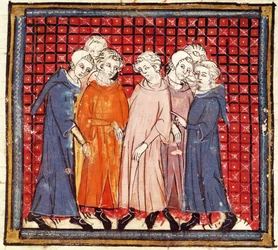 f.155r Adelsmän konspirerar mot kung Ludvig den fromme, från Grandes Chroniques de France, 1375-79