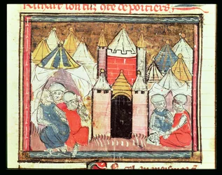 f.259r Belägringen av Chateau-Gaillard 1204 när Philip Augustus av Frankrike (1165-1223) besegrade kung John (Lackland) av England (1199-1216), från Grandes Chroniques de France, 1375-79