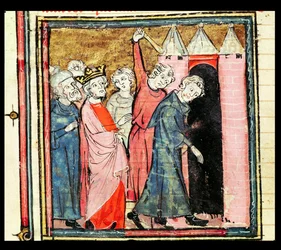f.86v Charles Martel ser efter straff och förvisning av två män, från Grandes Chroniques de France, 1375-79
