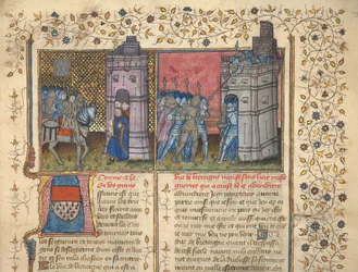 f. 73: Siege of Brest, från "Chronicles of France and England", av Jean Froissart (vellum)