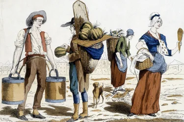 Illustration av 1700-talets Parisdräkter: vattenbärare, melonhandlare, chiffonnier, nöjeshandlare.