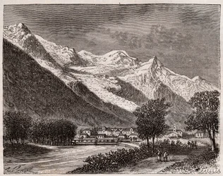 chamonixdalen och Mont Blanc - gravyr i "La France illustrée: geografi, historia, statistisk administration" av V.A. Malt-Brown. 1884