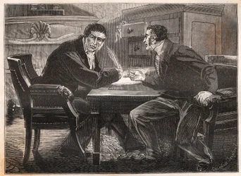 juli monarki - de tre dagarnas ministerium - intervju mellan Andre Dupin (1783-1865) och Jean-Charles (Jean-Charles) Persil (1785-1870) - 1834 - gravyr