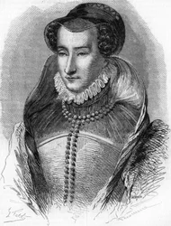 porträtt av Jeanne III av Albret (1528 1572), mor till kung Henrik IV och fru till Antoine de Bourbon (1528-1572). I "" Histoire Populaire de la France"", sd. ca 1885. Gravyr.