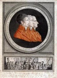 porträtt av de tre konsulerna, Napoleon Bonaparte (1769-1821), Jean Jacques Regis (Jean-Jacques-Regis) de Cambaceres (1753-1824) och Charles Francois Lebrun (1739-1824)”