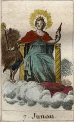 representation av den gudomliga Juno, drottning av gudar och himmel, hon är syster och hustru till Jupiter (Representation av Juno, drottning av gudarna, hustru och syster till Jupiter). Från "Mythology of Youth" av Pierre Blanchard 1803.