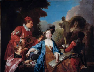 Smaka på det i en park. Unga adelsmän får te serverat i trädgården av en ung svart tjänare. Franska skolan. 1700-talet. Sol. 1,71 x 1,32 m, Rouen, Musée des Beaux-Arts