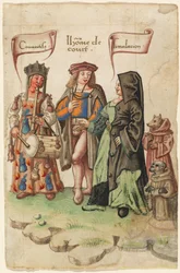 En hovman som står mellan girighet och dissimulering [fol. 14 recto]