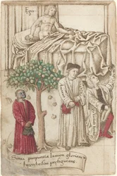 En apa i lila med en sjuk man, en god man och en snålhet [fol. 36 verso]