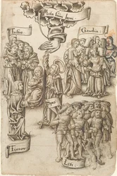 Hopp, som sträcker sig till himlen, står bland sorgsna och lyckliga män, glädjeämnen och rädsla [fol. 19 recto]