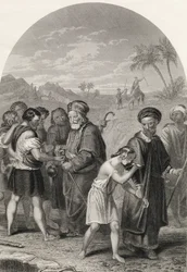 Josef säljs av sina bröder, graverad av S. Allen, från "The National Illustrated Family Bible", utgiven ca 1870 (litografi)