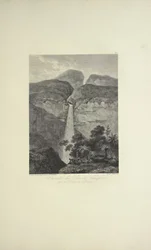 Falls of the Rio de Vinagre, nära Purace-vulkanen, tecknad av Koch, graverad av Arnold, illustration från 