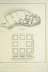 Plan över en befäst inkabostad i Assuay; och ruinerna av den antika peruanska staden Chulucanas, graverade av Bouquet, illustration från "Views of the Cordilleras and Monuments of the Ursprungsbefolkning i Amerika" av Alexander von Humboldt och Aime Bonpla