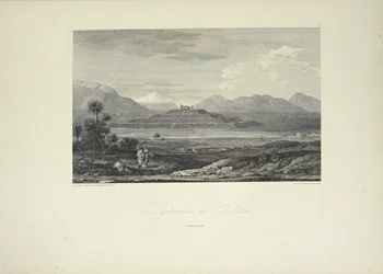 Pyramid of Cholula, ritad av Gmelin, illustration från "Views of the Cordilleras and Monuments of the Native Peoples of America" ​​av Alexander von Humboldt och Aime Bonpland