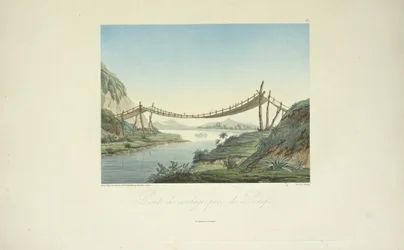 Rope Bridge nära Penipe, ritad av Marchais, graverad av Bouquet, illustration från 