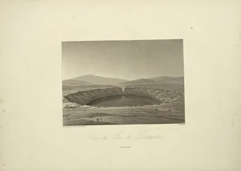 Utsikt över Guatavitasjön, tecknad av Thibaut, graverad av Bouquet, illustration från "Views of the Cordilleras and Monuments of the Ursprungsbefolkning i Amerika" av Alexander von Humboldt och Aime Bonpland
